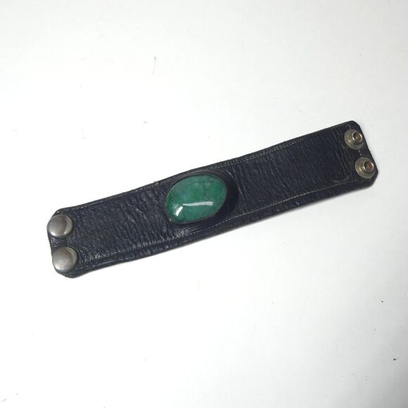 Leather Cuff Bracelet Green Jasper Stone Cabochon Snaps Vintage Handmade AS IS - Picture 1 of 14